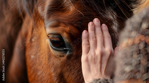 Close-up of a female hand stroking a brown horse head