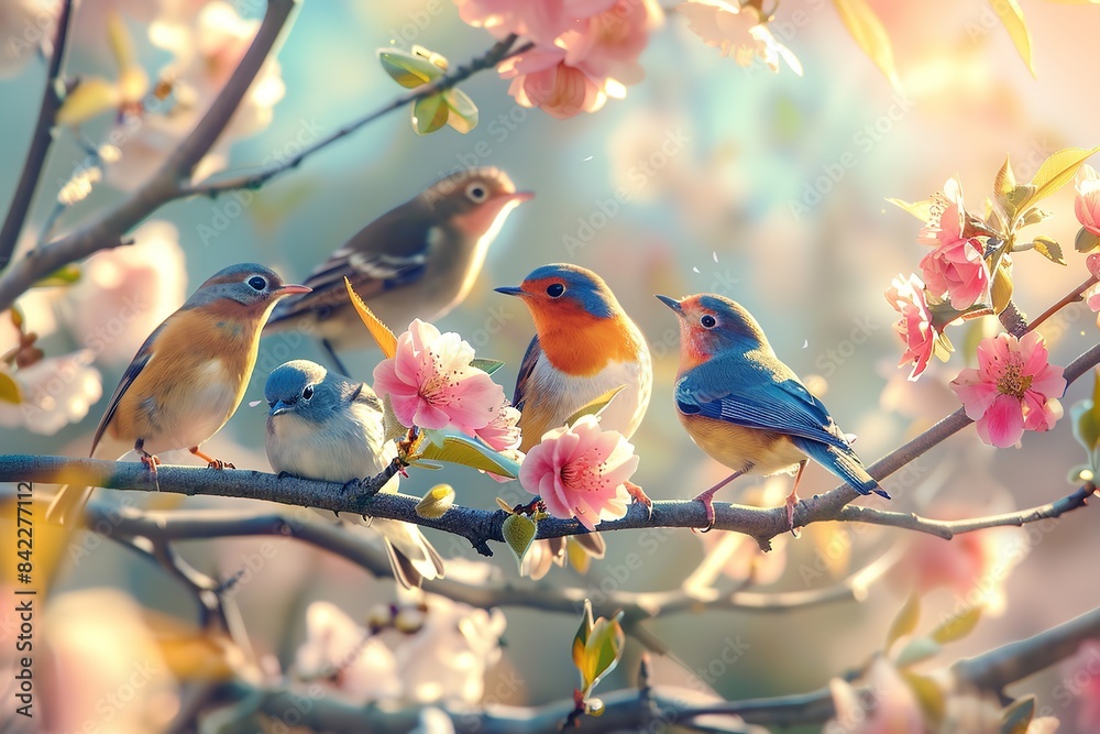 A swarm of birds is cheerfully singing on the branch. Generative Ai A swarm of birds is cheerfully singing on the branch. Generative Ai