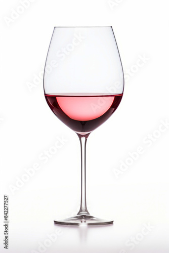 Glass of red wine is shown on white background with reflection of the wine in the glass.