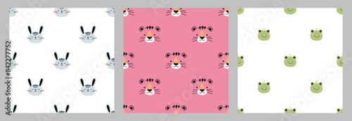 Little frog, bunny, tiger heads seamless patterns in doodle style for designing baby clothes. Set of kids seamless patterns. Cartoon Bohemian nursery print. Kids design texture. Vector illustration.