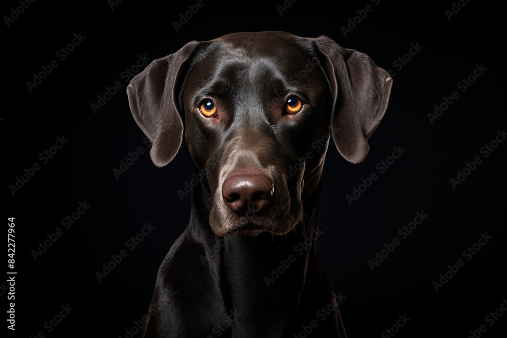 Black dog with yellow eyes looking at the camera with black background. Black dog with yellow eyes looking at the camera with black background.
