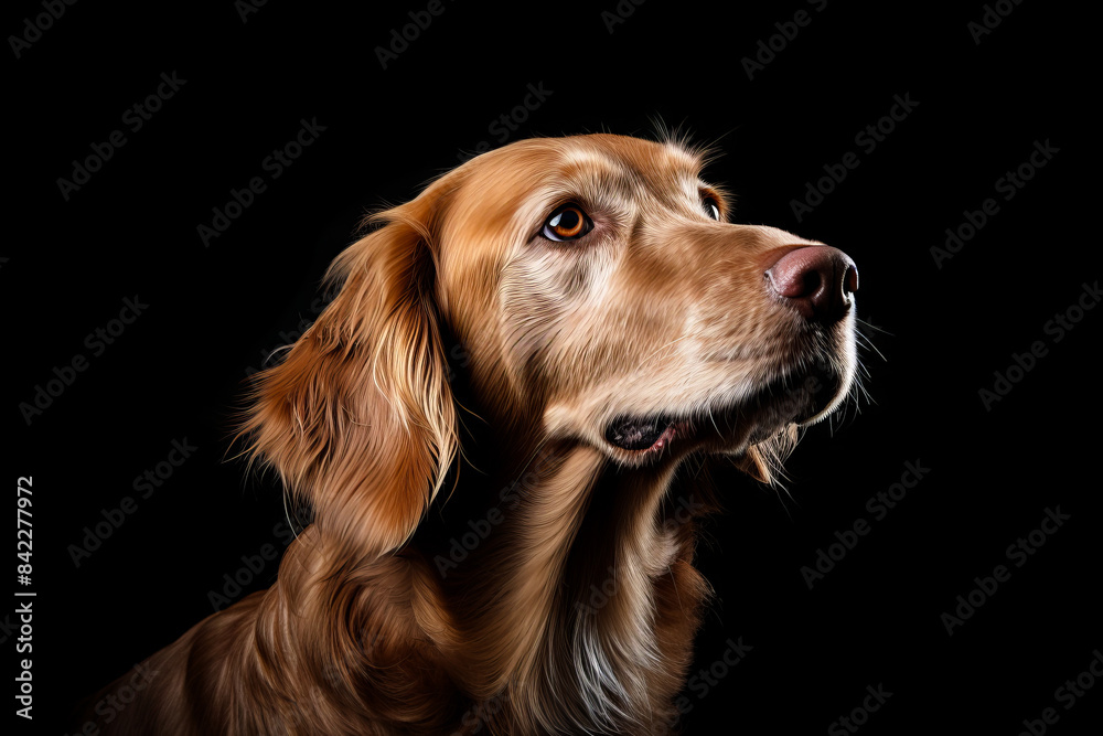 Dog is looking up at something in the air with black background.