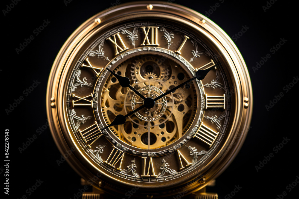 Fototapeta premium Gold clock with roman numerals and black background.