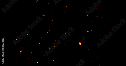 Realistic surreal ember fire dust slowing rising up on black bg. Grunge dark fire sparks flying isolated dark background. Overlay spark tiny flake burning. Hell rising burst inferno. Ember on black.