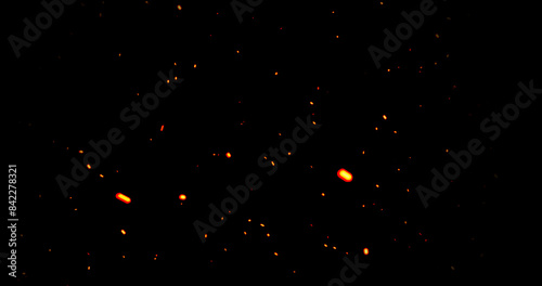 Realistic surreal ember fire dust slowing rising up on black bg. Grunge dark fire sparks flying isolated dark background. Overlay spark tiny flake burning. Hell rising burst inferno. Ember on black. © PhoenixStock