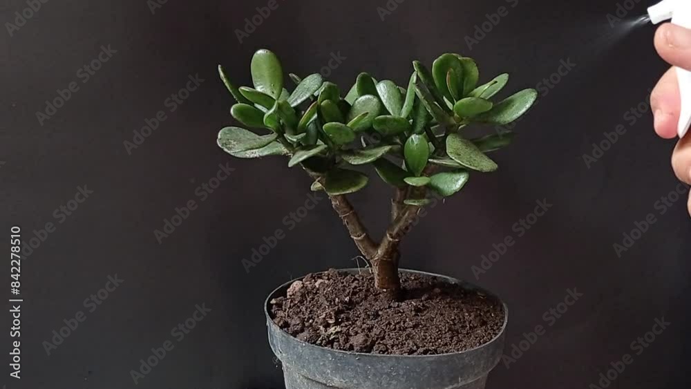 spraying the leaves of the jade plant spraying the leaves of the jade plant