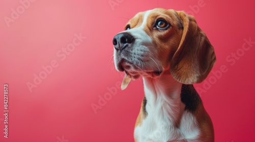 A dog with a tongue sticking out is looking at the camera. The dog is brown and white © Woraphon