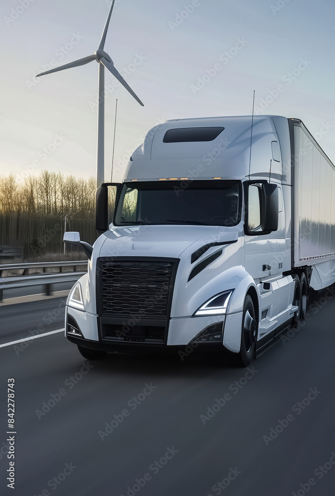 Naklejka premium Electric semi-truck on a highway, green landscape, wind generators and solar panels.