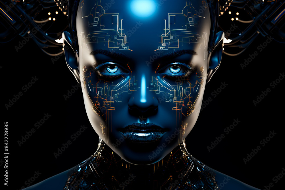 Woman with futuristic face and headpieces on her face. Woman with futuristic face and headpieces on her face.