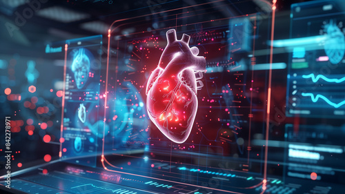 Holographic concept of heart disease display, illustrating blocked arteries and blood flow, treatment options like stent placement and bypass surgery, with interactive elements showing before and afte