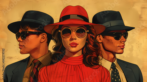 Retro fashion illustration of three people with hats, sunglasses, and timeless style. A charming graphic of a man and woman in fashion clothing and accessories, vintage elegance and sophistication.