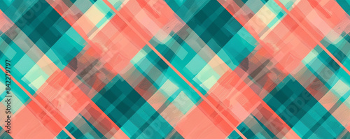 Seamless plaid check pattern geometric background in bright turquoise and coral