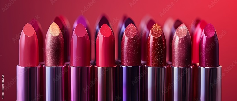 Obraz premium Colorful lipstick with different glosses on a red background.