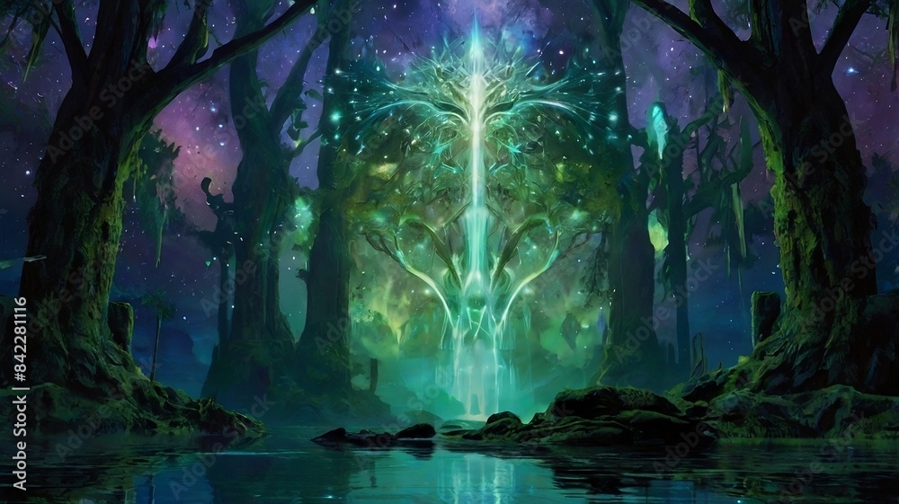A mystical glowing tree illuminates an enchanted forest under a starlit sky, Made By AI
