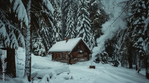 A magical winter forest with a quaint wooden cabin surrounded by snow-covered trees, Snowy forest with tall pine trees and a blanket of snow covering the ground © Deben