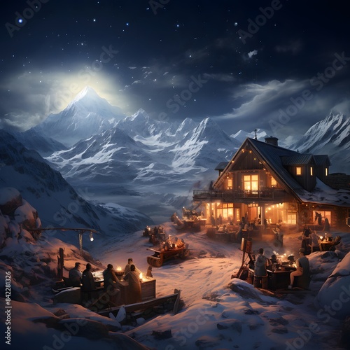 Mountain village in the snow at night with a full moon and stars