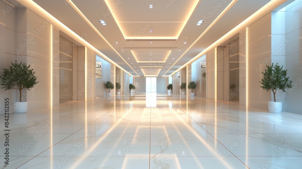 Fototapeta premium Elegant corridor with plants and ceiling lights