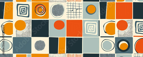 Scandinavian geometric pattern with rectangles and circles.