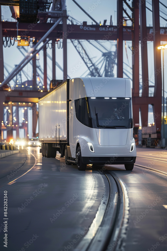 Electric truck transporting goods in a port, cranes and containers, logistics, clean environment. Electric truck transporting goods in a port, cranes and containers, logistics, clean environment.