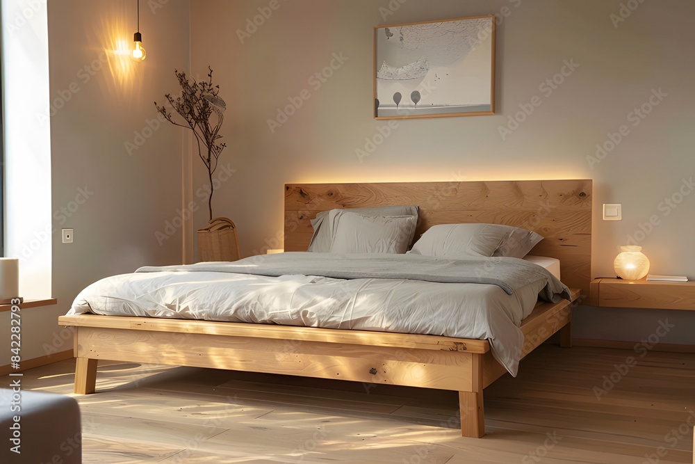 Obraz premium Minimalist bedroom with a wooden bed frame and soft grey bedding ai generative