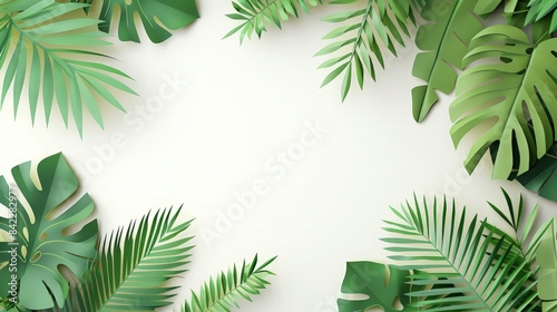 Tropical paper palm leaves and branches frame. Summer tropical leaf. Origami exotic summertime white background. Paper cut style. 3d render