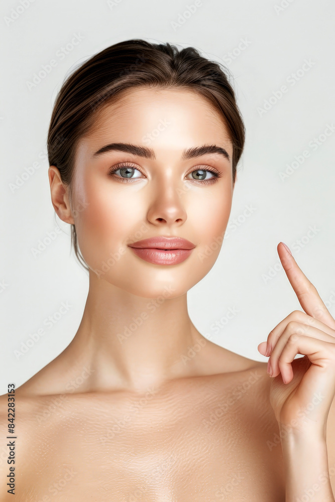 Beauty Model woman Pointing Up - Clear Skin Cosmetic Advertisement Beauty Model woman Pointing Up - Clear Skin Cosmetic Advertisement