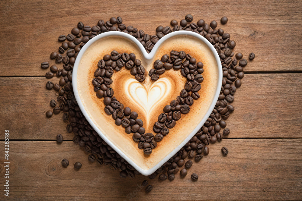 Heart Shaped Latte Art with Coffee Beans on Wooden Background, Perfect for Coffee Lovers, generative AI