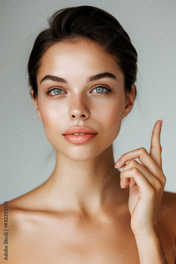 Beauty Model woman Pointing Up - Clear Skin Cosmetic Advertisement Beauty Model woman Pointing Up - Clear Skin Cosmetic Advertisement