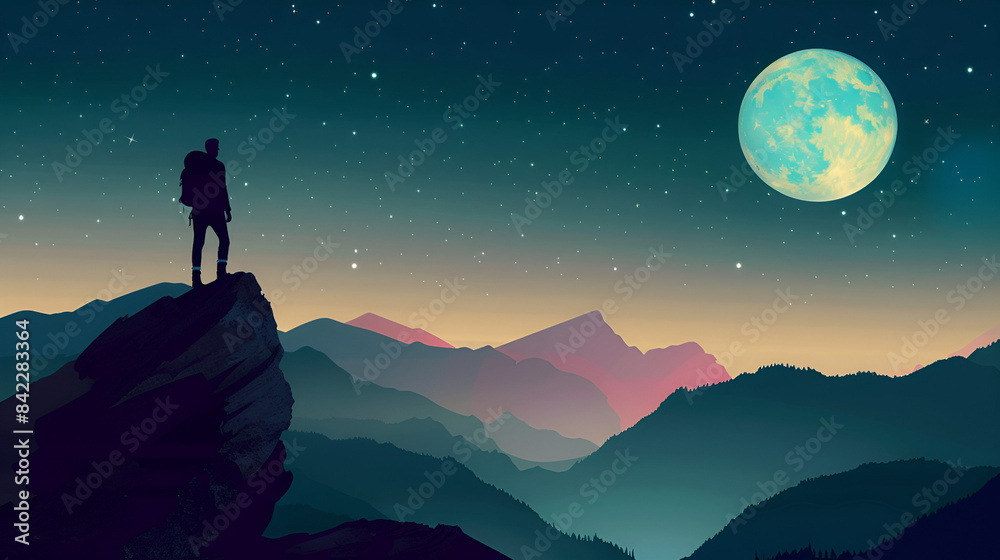 a man with a backpack standing on a mountain peak looking at the moon a man with a backpack standing on a mountain peak looking at the moon