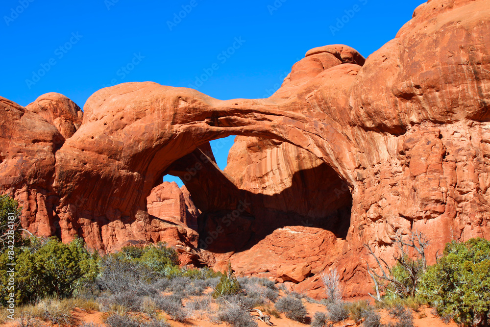 Double Arch spans the valley floor of Arches National Park in Utah