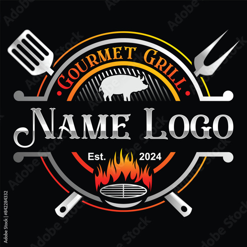 Bbq and grill logo design. Barbeque logo design with pork and fire. Pork pig BBQ Grill badge. Grill food and restaurant logo