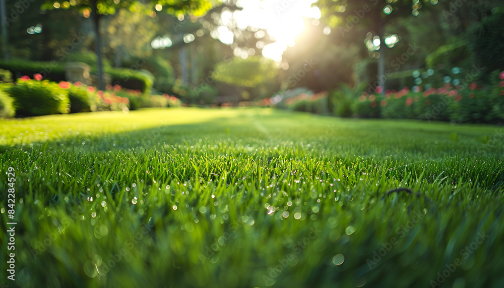 Beautiful image of a lawn in a family's yard, garden, grass, gardening, nature, sun, daytime, sunshine, park, trees, flowers, AI-generated. Beautiful image of a lawn in a family's yard, garden, grass, gardening, nature, sun, daytime, sunshine, park, trees, flowers, AI-generated.