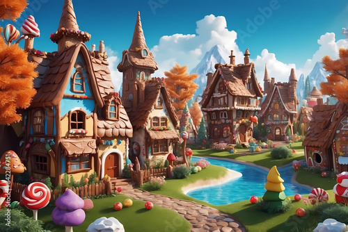 Charming Gingerbread Village in Chocolate Land: Gingerbread Houses with Chocolate Roofs, Candy Windows, Licorice Chimneys, Chocolate Paths, Candy Gardens, Text Space, Generative AI