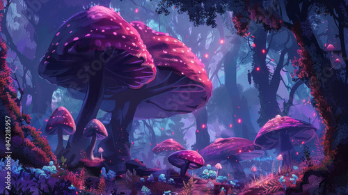 A forest with purple mushrooms and a blue sky photo
