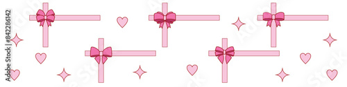 pink girly frame border cartoon bow set. Bow for hair decor present, invitation, flat. Trendy girls accessories. Gift Bows. Good for valentine's day, wedding and mother's day	