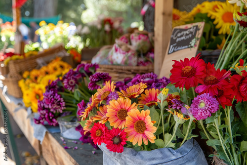 A table full of flowers with a sign that says  Carrots Market. 