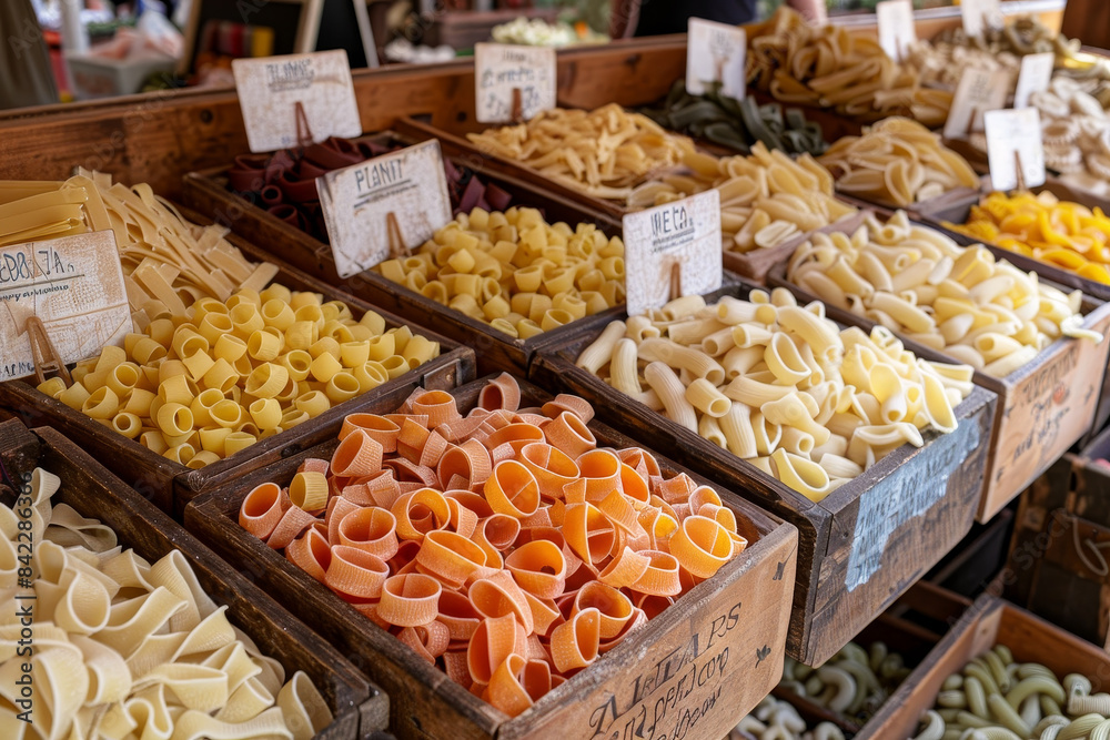 A variety of pasta is displayed in wooden crates A variety of pasta is displayed in wooden crates