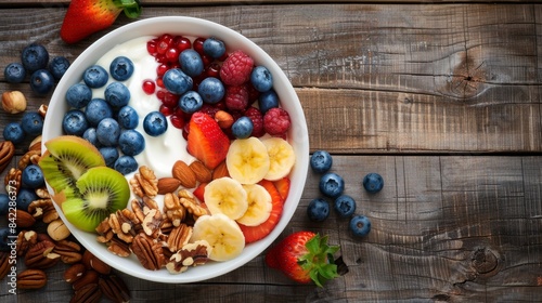 Healthy yogurt bowl with fresh fruits, nuts, and seeds on rustic wooden table. Colorful and nutritious breakfast option for a healthy lifestyle.