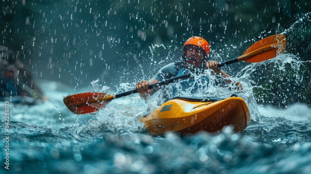 Fototapeta premium A kayaker in full speed during a sprint race, with water splashing around. Strength of the paddler