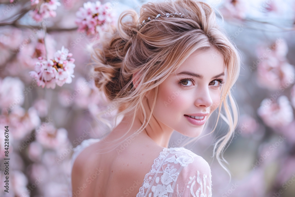 Caucasian woman smiling in fashionable dress in cherry blossom celebration