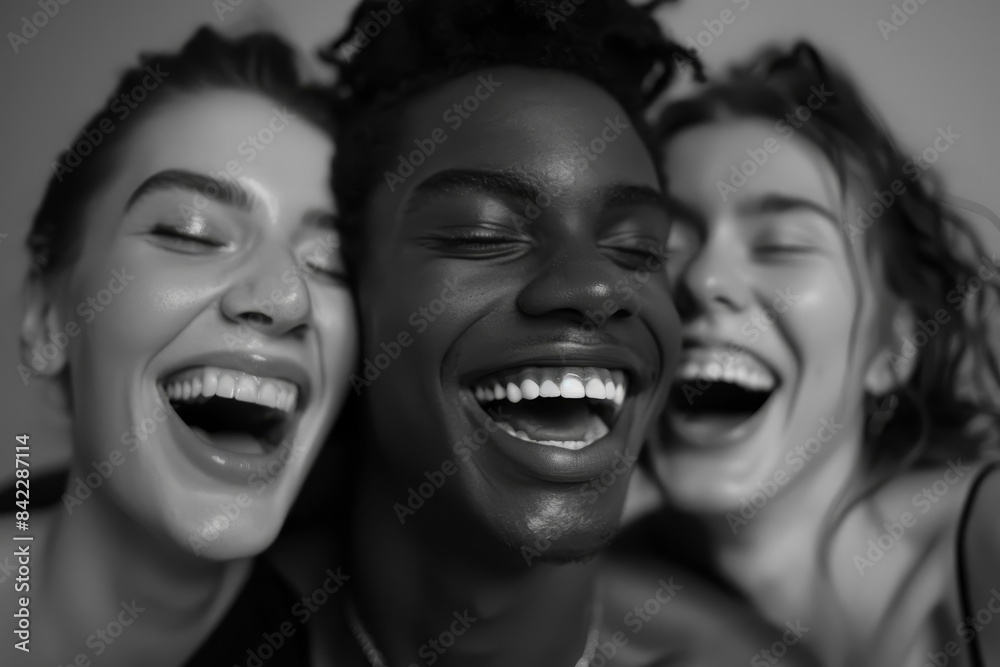 Three people are smiling and laughing together Three people are smiling and laughing together