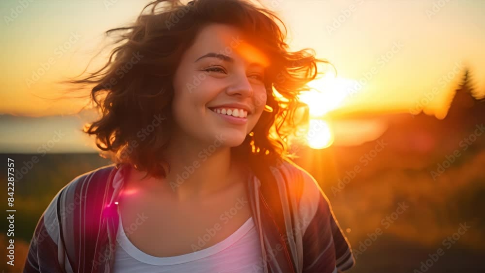 a curvy teenager with a radiant smile, basking in the warm glow of the sunset. a curvy teenager with a radiant smile, basking in the warm glow of the sunset.