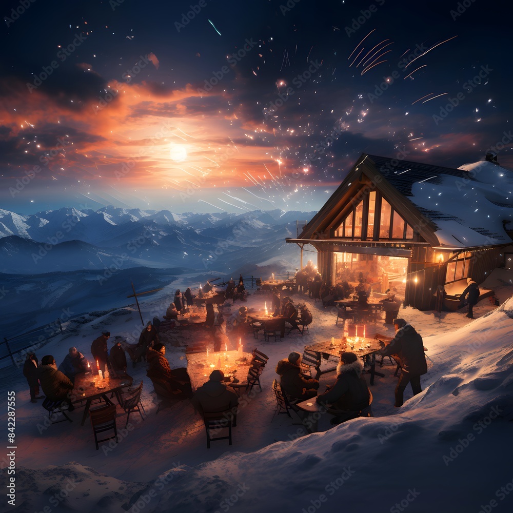 Winter night in the mountain village. 3d rendering. Computer digital drawing.