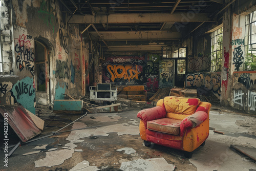 A room with a chair and a wall covered in graffiti