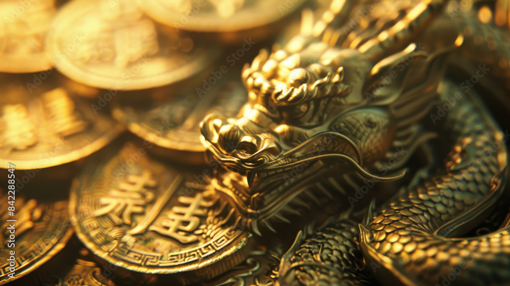 A gold dragon is sitting on top of a pile of gold coins A gold dragon is sitting on top of a pile of gold coins
