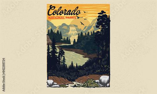 Mountain adventure vintage print design for t shirt. Wild lake vector artwork design. Explore more. Colorado national park artwork. 