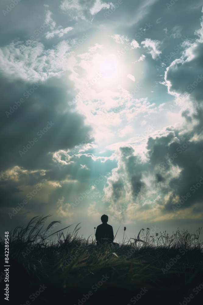 Fototapeta premium Person in field with cloudy sky