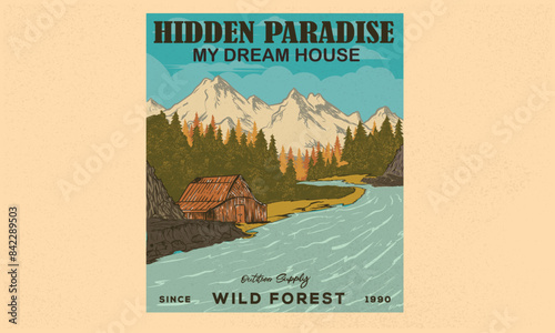 Mountain eco resort artwork. Mountain adventure vintage print design for t shirt. Wild lake vector artwork design.