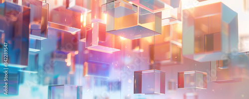 Translucent layers of geometric forms suspended in a cosmic dance of light and color, forming an abstract retro background.