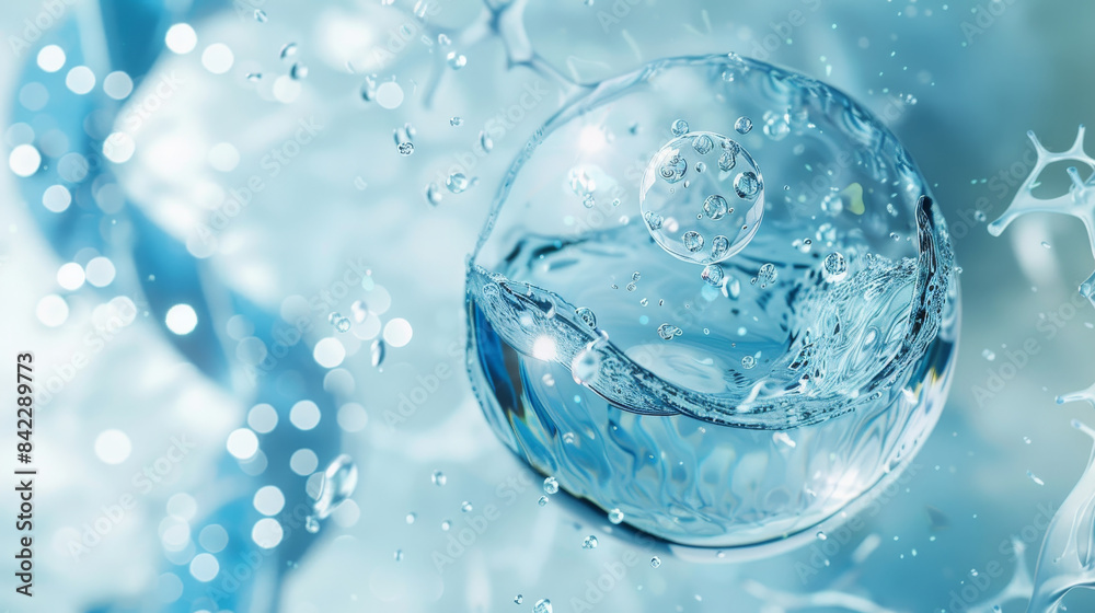 A blue water droplet with a clear sphere inside of it A blue water droplet with a clear sphere inside of it
